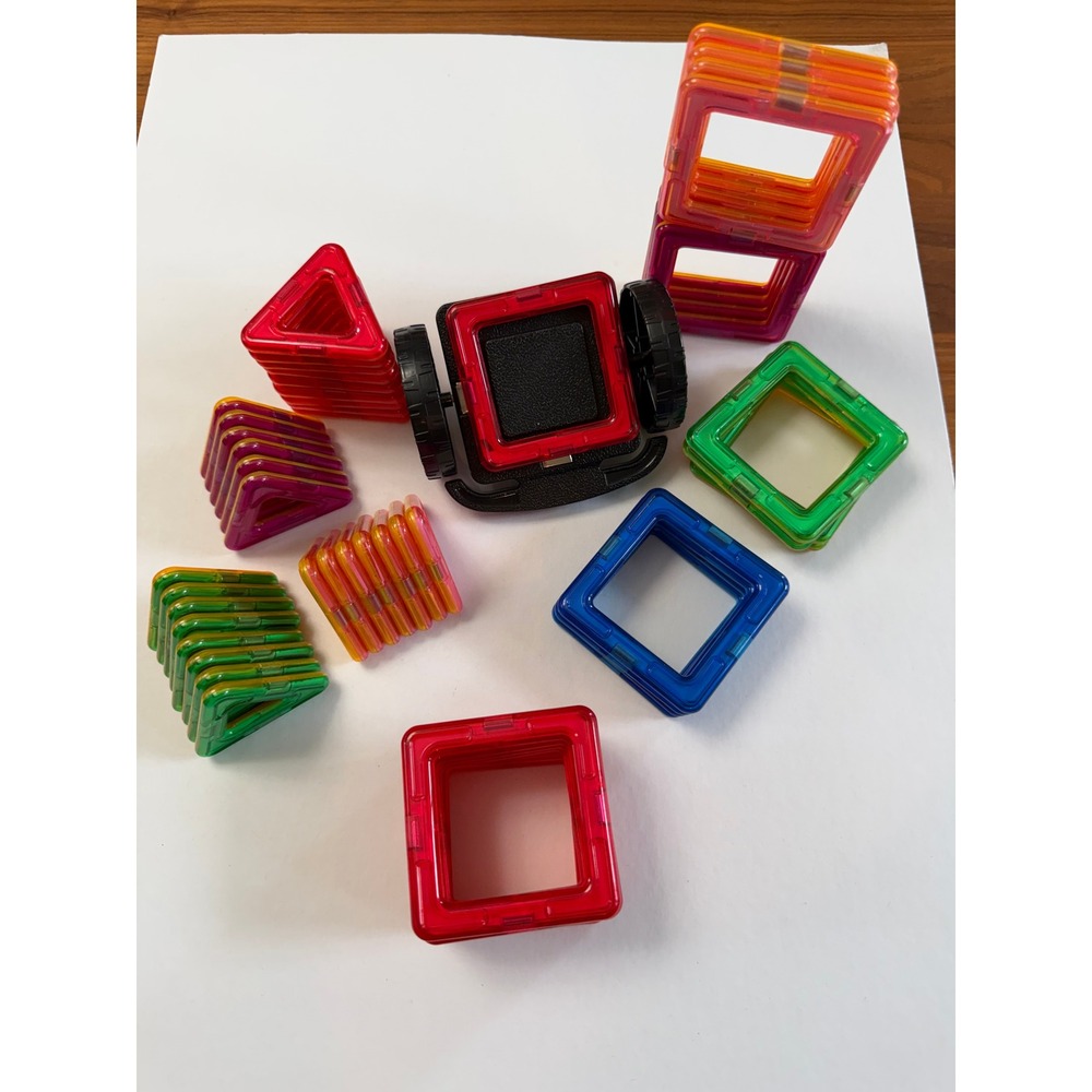 Lot of Magnetic Building Tiles Multicolor 74 Pieces Plus Wheels Square Triangles